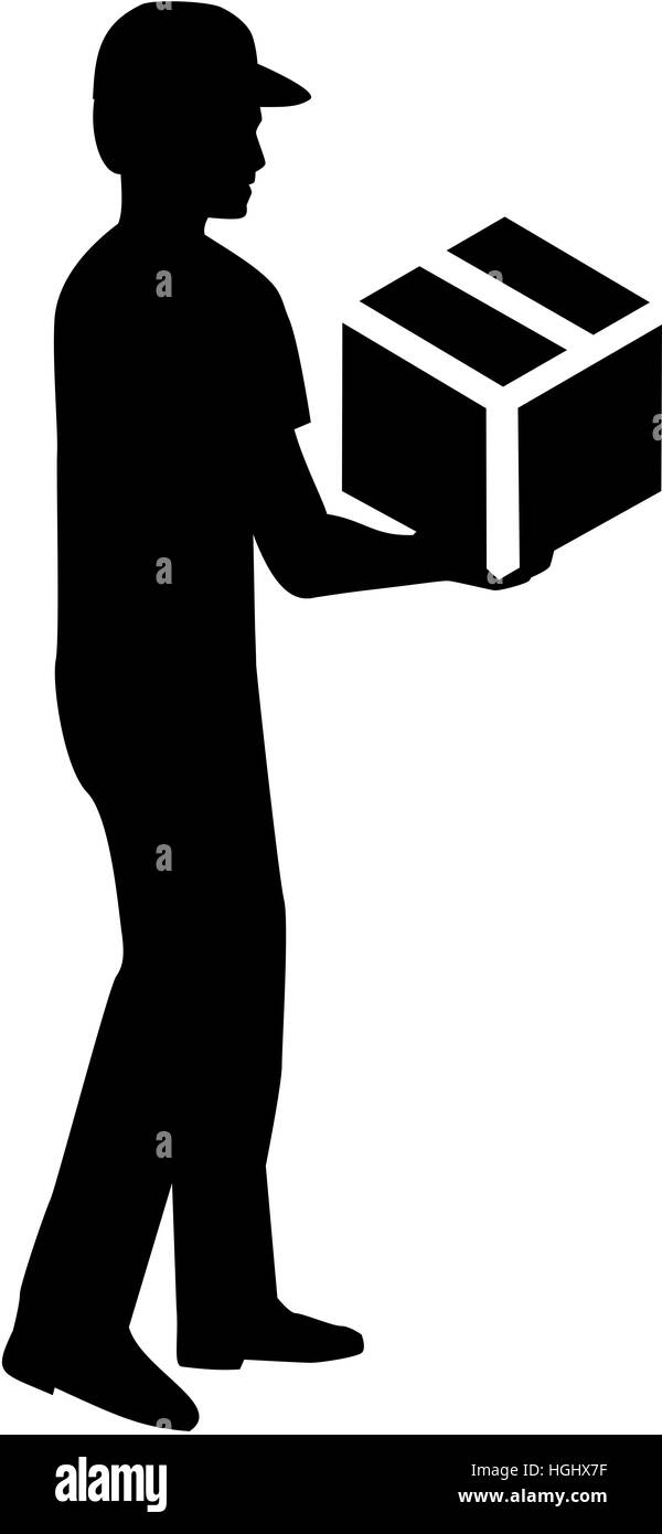 Lieferung Mann. Silhouette Mann mit Paket. Stockfoto