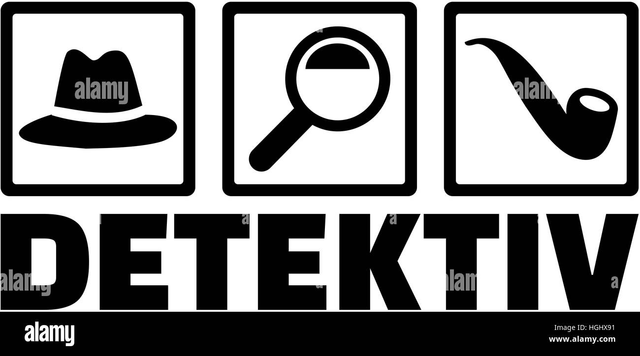 Detektiv-Icons mit deutschen Wort. Hut, Lupe, Rohr. Stockfoto