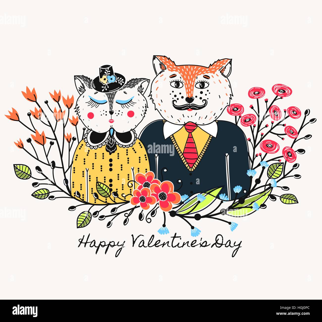 Verliebten Katzen. Gruß Hintergrund am Valentinstag. Fest der Liebe. Urlaub. Floral Grenze. Skizze von Tieren. Bunte Karte. Vektor-illustration Stock Vektor