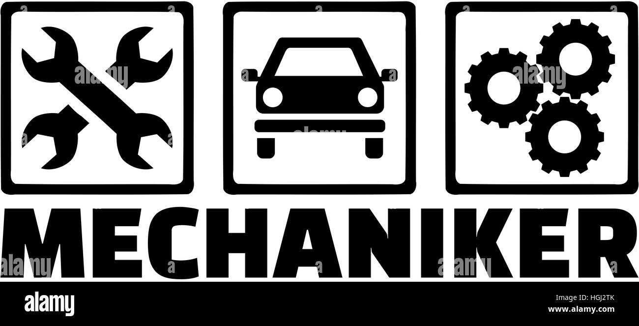 Motor mechanische Symbole mit deutschen Berufsbezeichnung Stockfoto