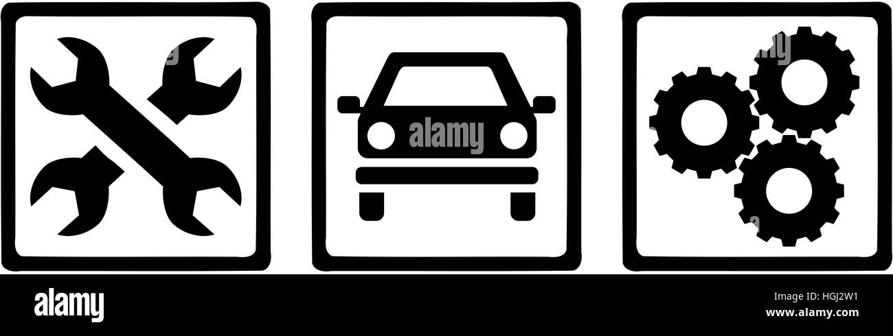 Motor mechanische Symbole. Schraubenschlüssel, Auto, Zahnräder. Stockfoto