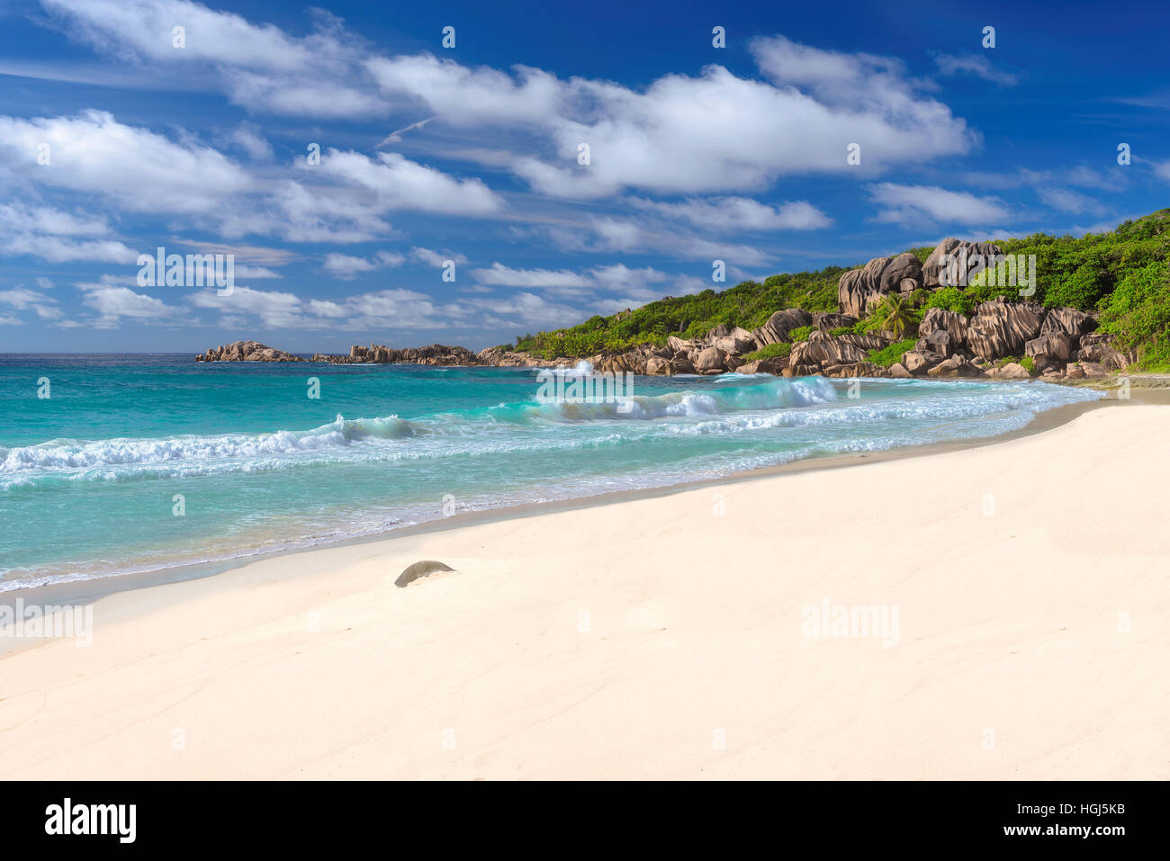 Schönen weißen Sandstrand auf den Seychellen Stockfoto