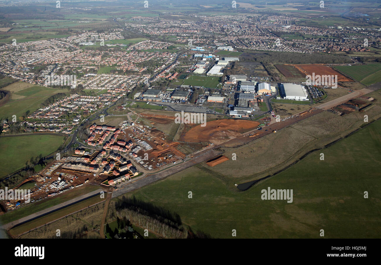 Luftaufnahme des alten Flugplatzes auf Hucknall Flugplatz, entwickelt für den Wohnungsbau, Nottinghamshire, UK Stockfoto