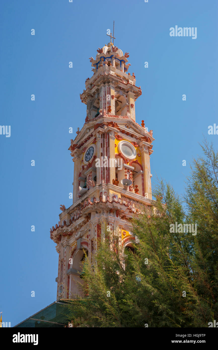 Der Turm des Kloster Panormitis auf symi Stockfoto