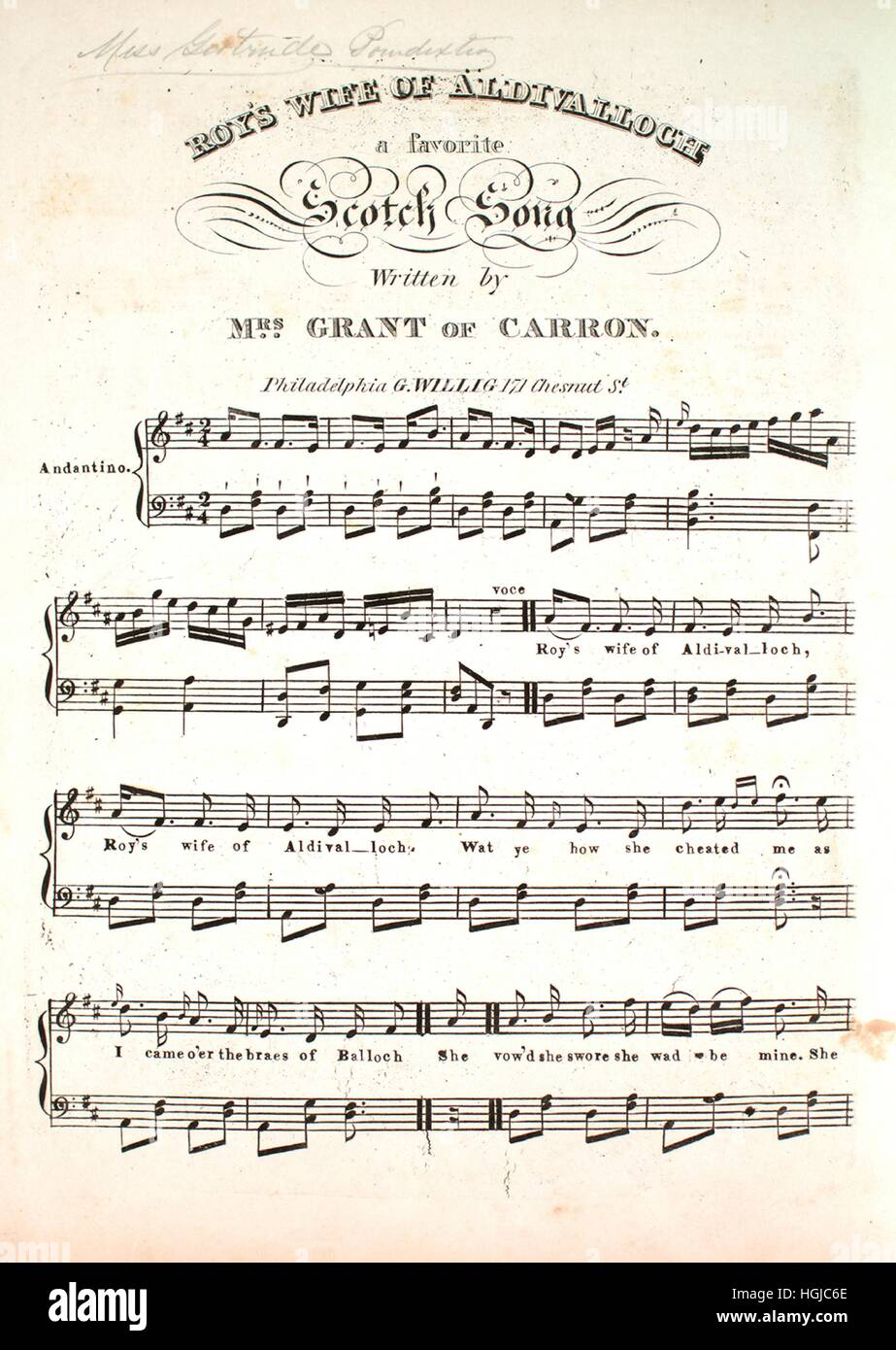 Titelbild der Noten des Liedes "Roys Ehefrau des Aldivalloch A Scotch Lieblingslied", mit ursprünglichen Autorschaft Noten lesen "Geschrieben von Frau Grant von Carron", USA, 1900. Der Verlag als "G. Willig, 171 Chesnut St." aufgeführt ist, die Form der Komposition ist "strophischen", die Instrumentierung ist "Klavier und Stimme", die erste Linie liest "Roys Ehefrau von Aldivalloch, Roys Ehefrau von Aldivalloch" und der Abbildung Künstler als 'None' aufgeführt ist. Stockfoto