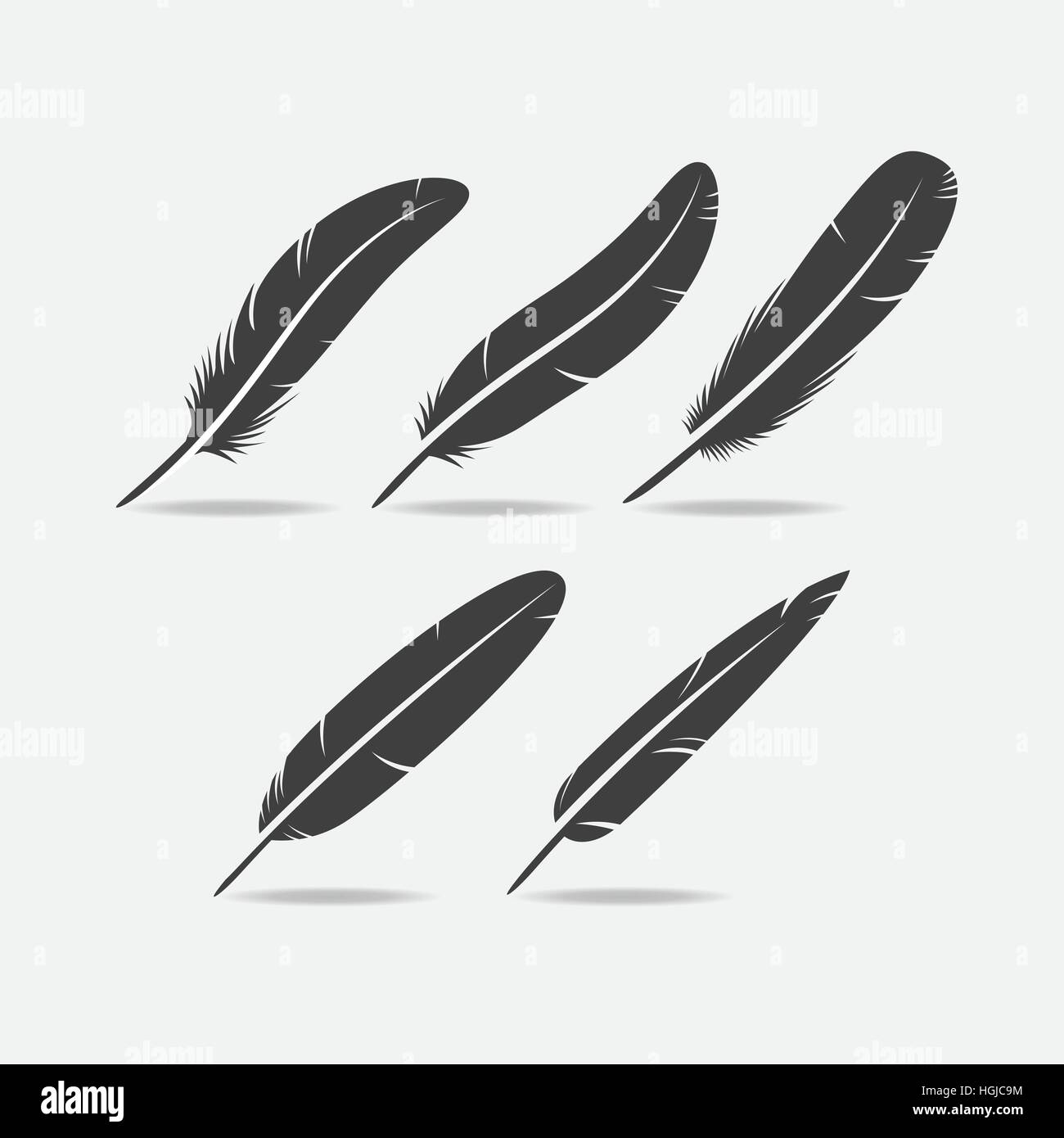 Fünf schwarze Vogel Feder Symbol Silhouette mit Schlitzen. Stock Vektor