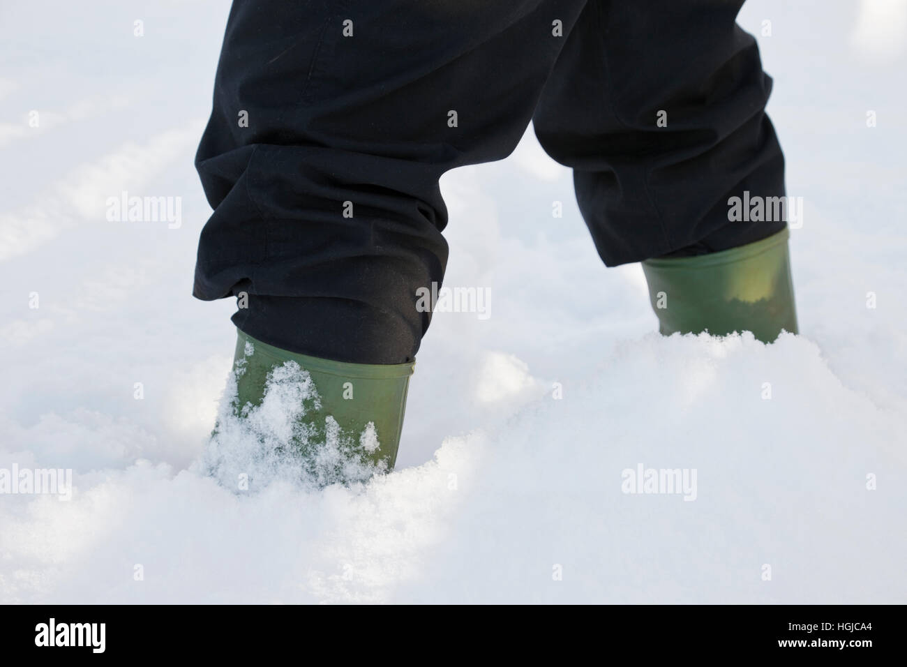 Person trägt grüne Wellington boots zu Fuß durch den Tiefschnee. England, UK, Großbritannien. Stockfoto
