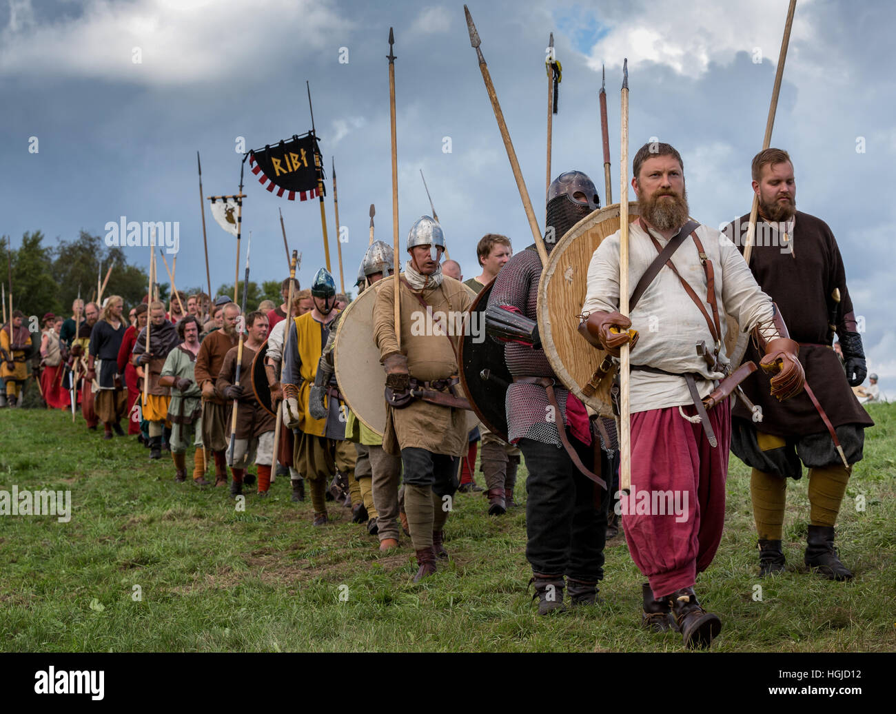 Schlacht reenactment an der weltgrößten Viking strittig, Moesgaard, Århus, Dänemark Stockfoto