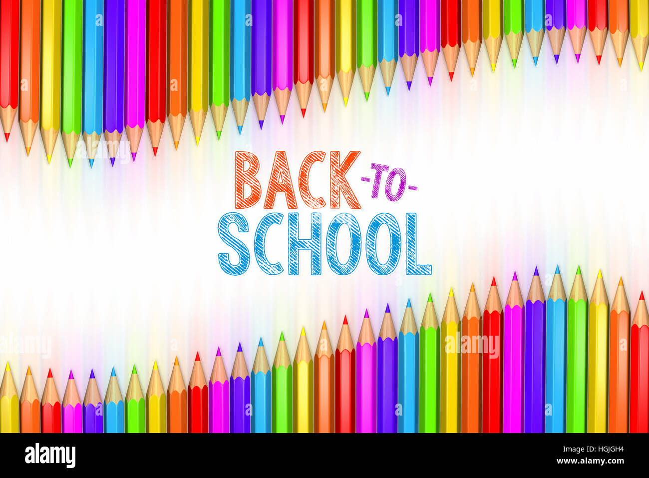 3D gerenderten Abbildung von Back to School-Grafik mit Band Regenbogen Buntstifte auf weißem Hintergrund. Stockfoto