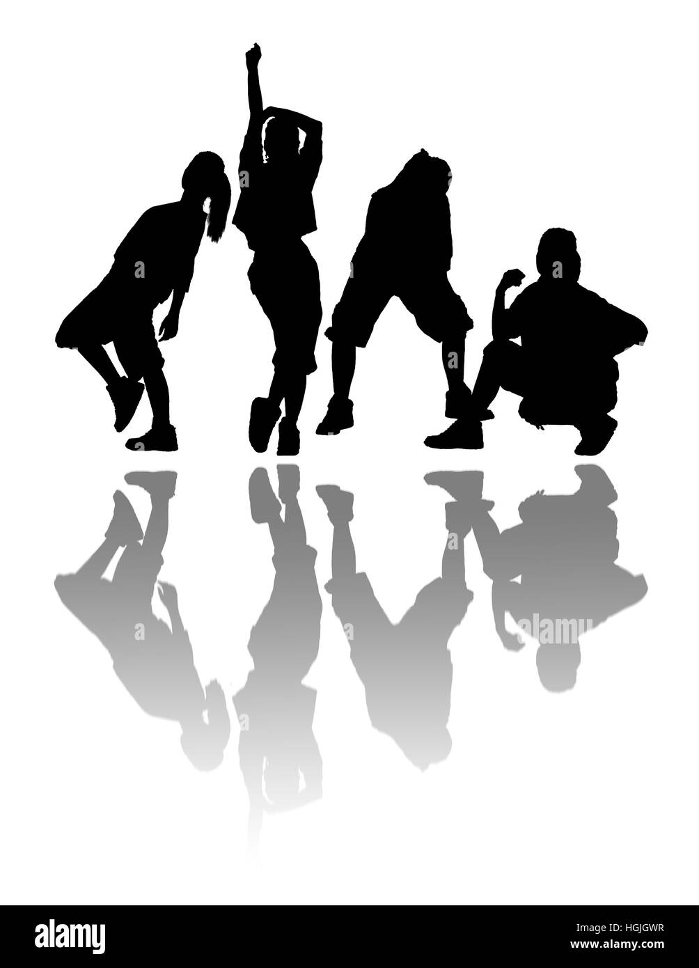 Schwarzer Schatten Tanzendes Mädchen mit Reflex in den Boden auf weißem Hintergrund. Stockfoto