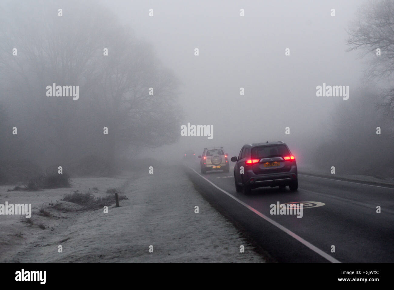 Godshill, New Forest, Hampshire, Großbritannien. 23.. Januar 2017. Wetter. Fahren im Nebel. Nebelscheinwerfer leuchten durch dichten, eisigen Nebel und sorgen so an einem Wintermorgen für gefährliche Fahrbedingungen. Stockfoto