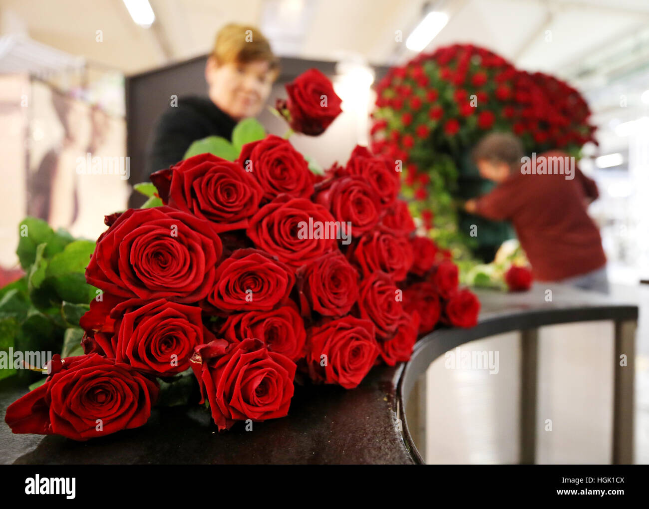 Essen, Deutschland. 23. Januar 2017. Ein Arbeiter dekoriert "Red Naomi" Rosen an einem Stand auf der internationalen Gartenbau fair "IPM 2017" (Internationale Pflanzen Messe) in Essen, Deutschland, 23. Januar 2017. Rund 1.600 Aussteller aus 50 Nationen präsentieren aktuelle Trends des Gartenbaus auf der Messe vom 24. bis 27. Januar 2017. Bildnachweis: Dpa/Alamy Live-Nachrichten Stockfoto