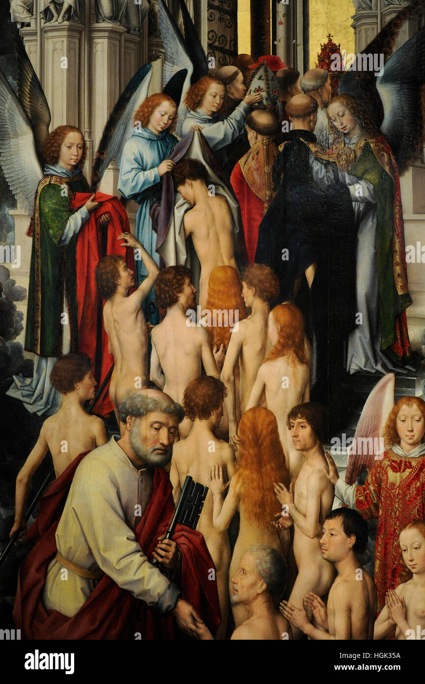 Das jüngste Gericht, späten 1460. Triptychon von Maler Hans Memling(1430-1494). Links: die Erlösten geführt in den Himmel von St. Peter und Engeln. National Museum. Danzig. Polen. Stockfoto