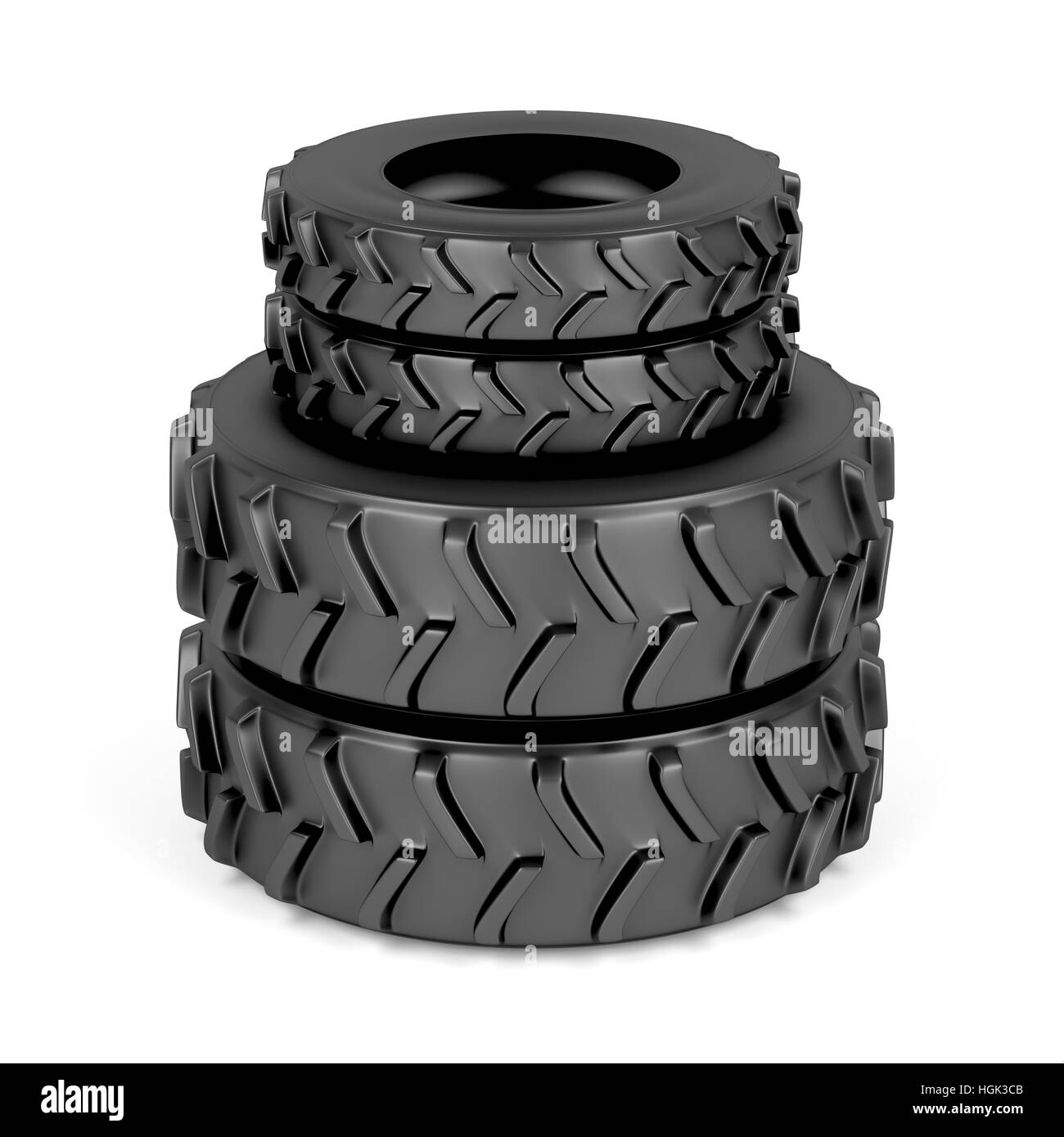 Vordere und hintere Traktorreifen auf weißem Hintergrund Stockfoto
