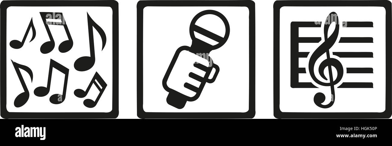 Sänger-Symbole - Notizen, Mikrofon, Notenschlüssel Stockfoto
