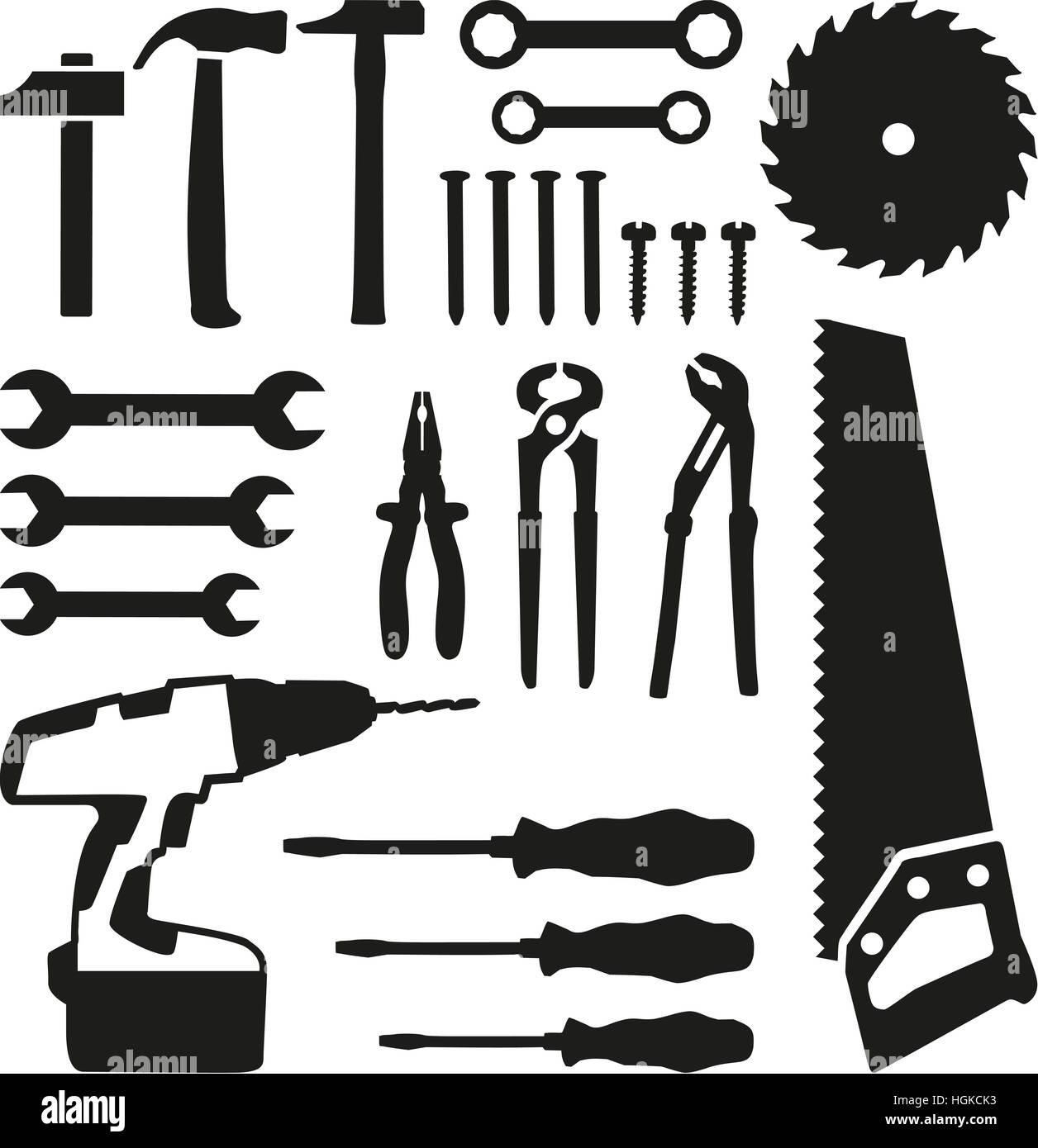 Tool-Set - Säge, Schraubenschlüssel, Schraubendreher, Nägel, Schrauben, Bohrer Stockfoto