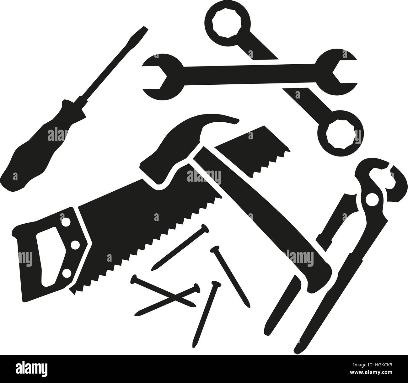 Chaos von Arbeitswerkzeugen - Schraubendreher, Schraubenschlüssel, Hammer, Säge, Zange, Nägel Stockfoto