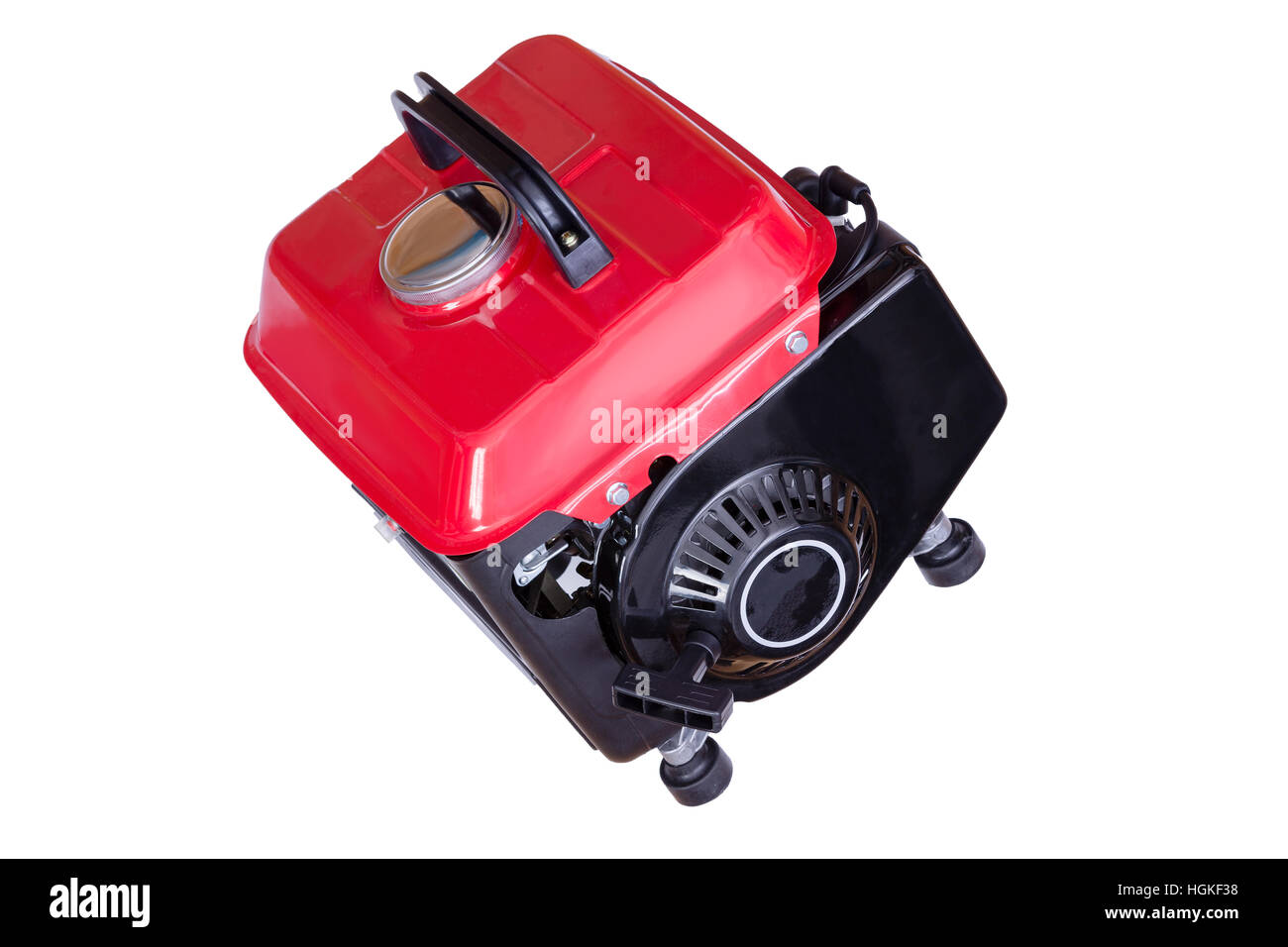 Moderne rot Benzin führen elektrische Generator auf Winkel, weißen Hintergrund angezeigt Stockfoto