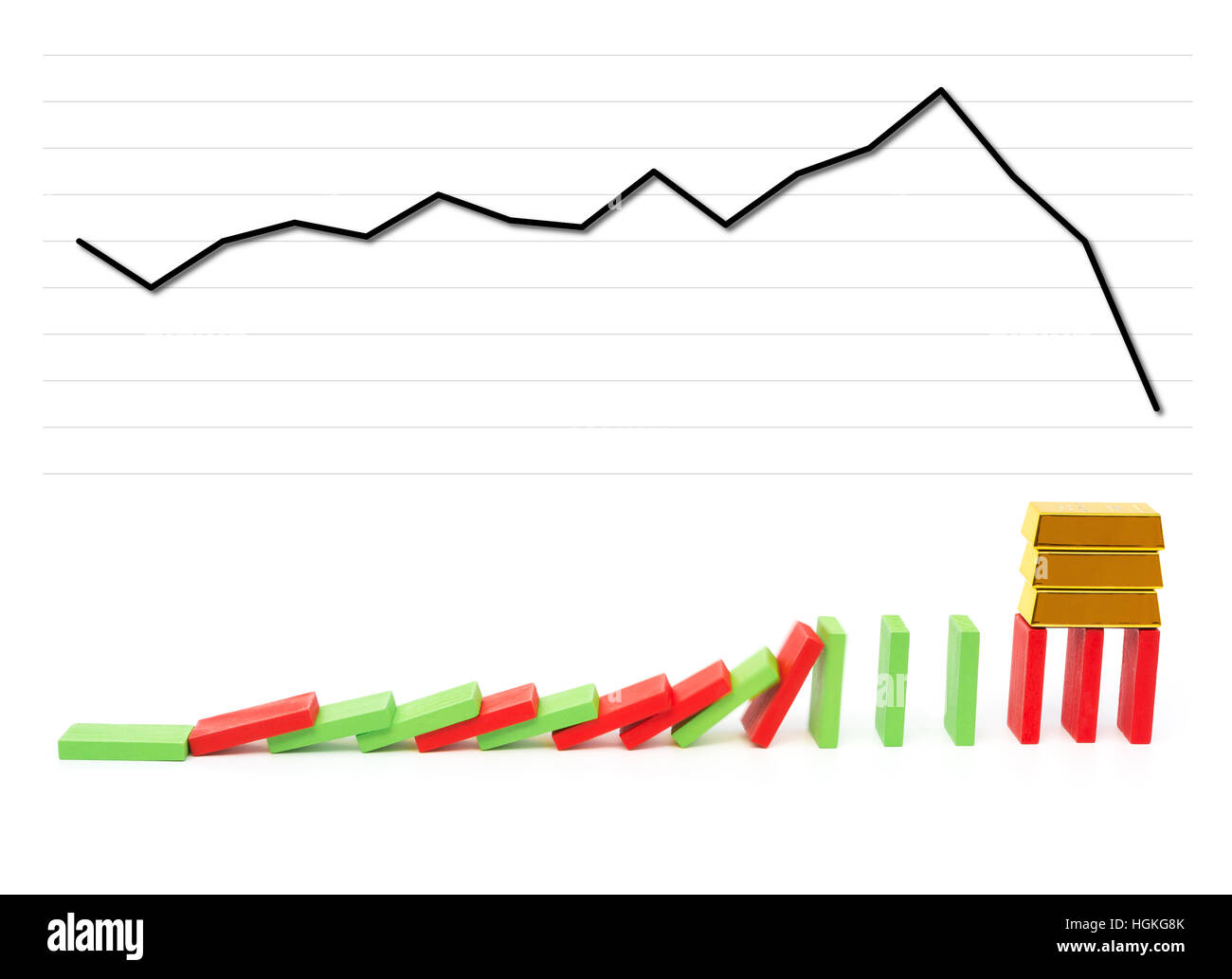 Goldbarren auf fallende Dominosteine stehend mit einem fallenden Diagramm auf Hintergrund als monetäre Konzept Stockfoto