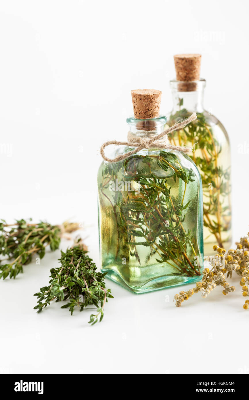 Flaschen von Thymian und Rosmarin ätherisches Öl oder Infusion und Trauben von gesunden Kräutern auf weiße, pflanzliche Medizin. Stockfoto