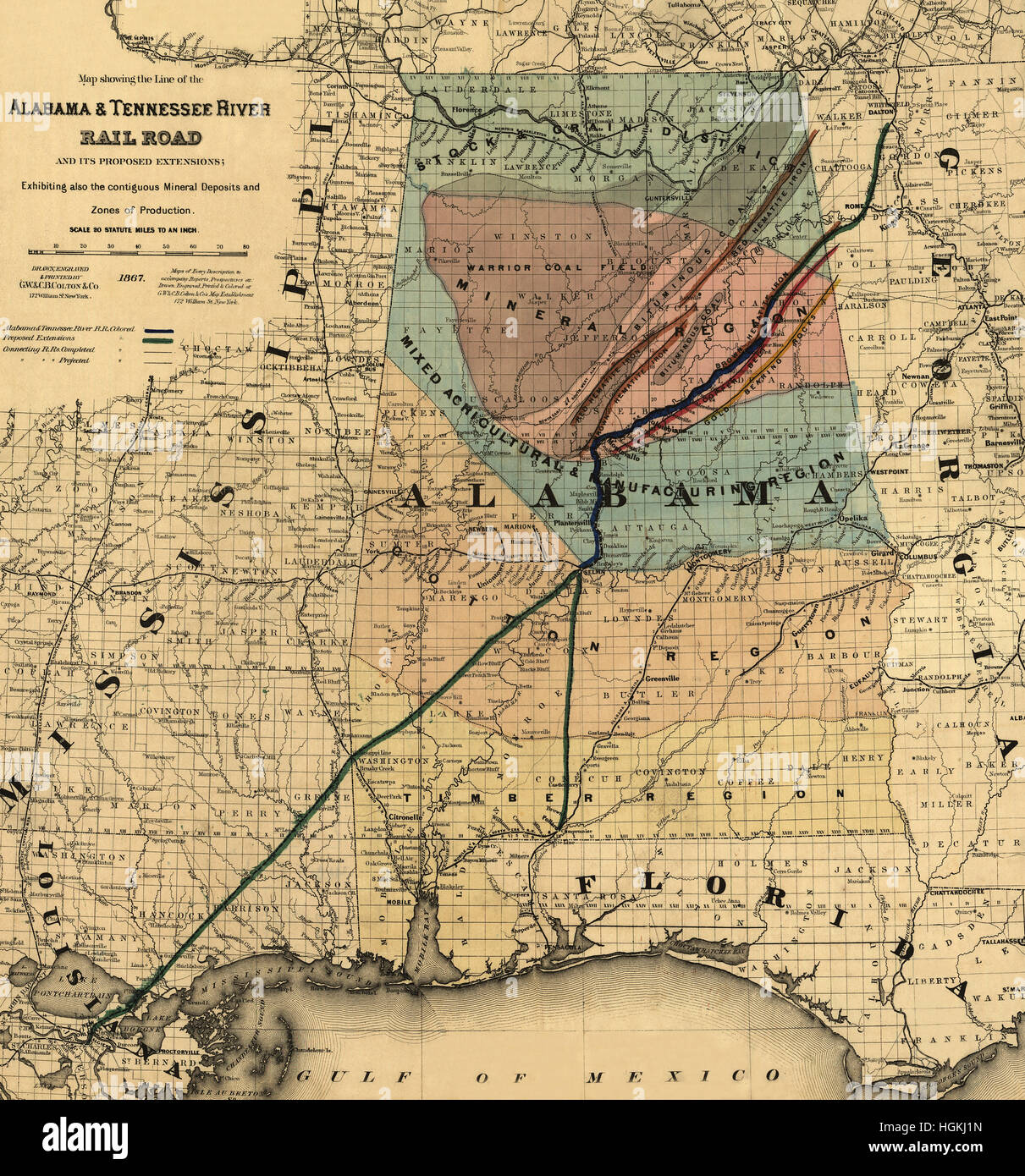 Karte von Alabama 1867 Stockfoto