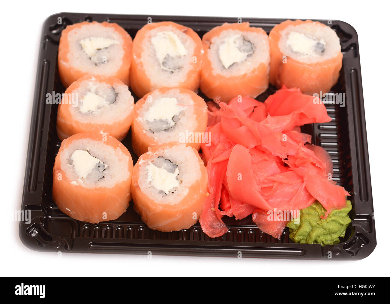 Sushi im Paket auf einem weißen Hintergrund isoliert Stockfoto