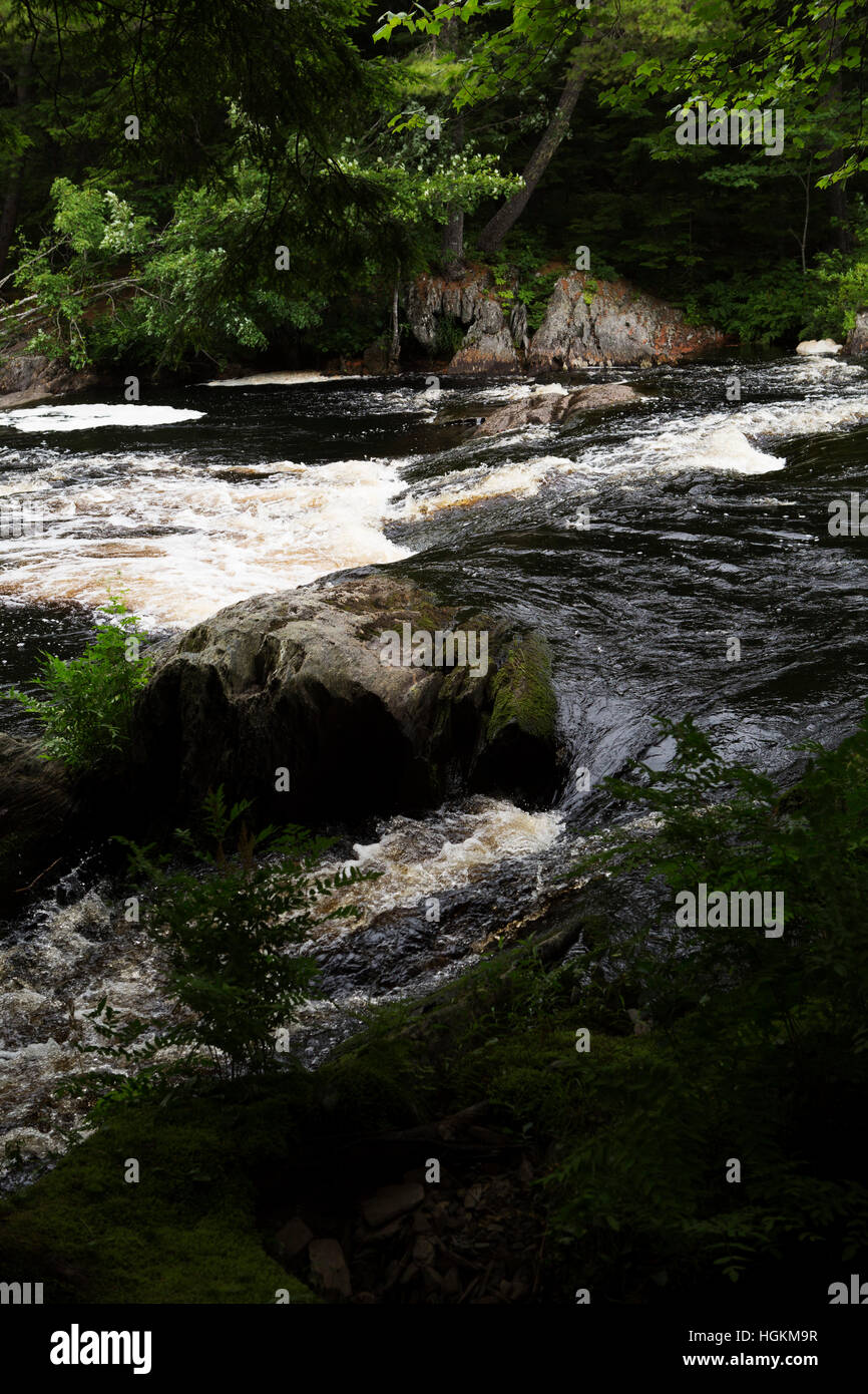 Bemoosten Felsen von dem weißen Wasser des Flusses Mersey am Kejimkujik National Park und National Historic Site in Nova Scotia, Kanada. Stockfoto