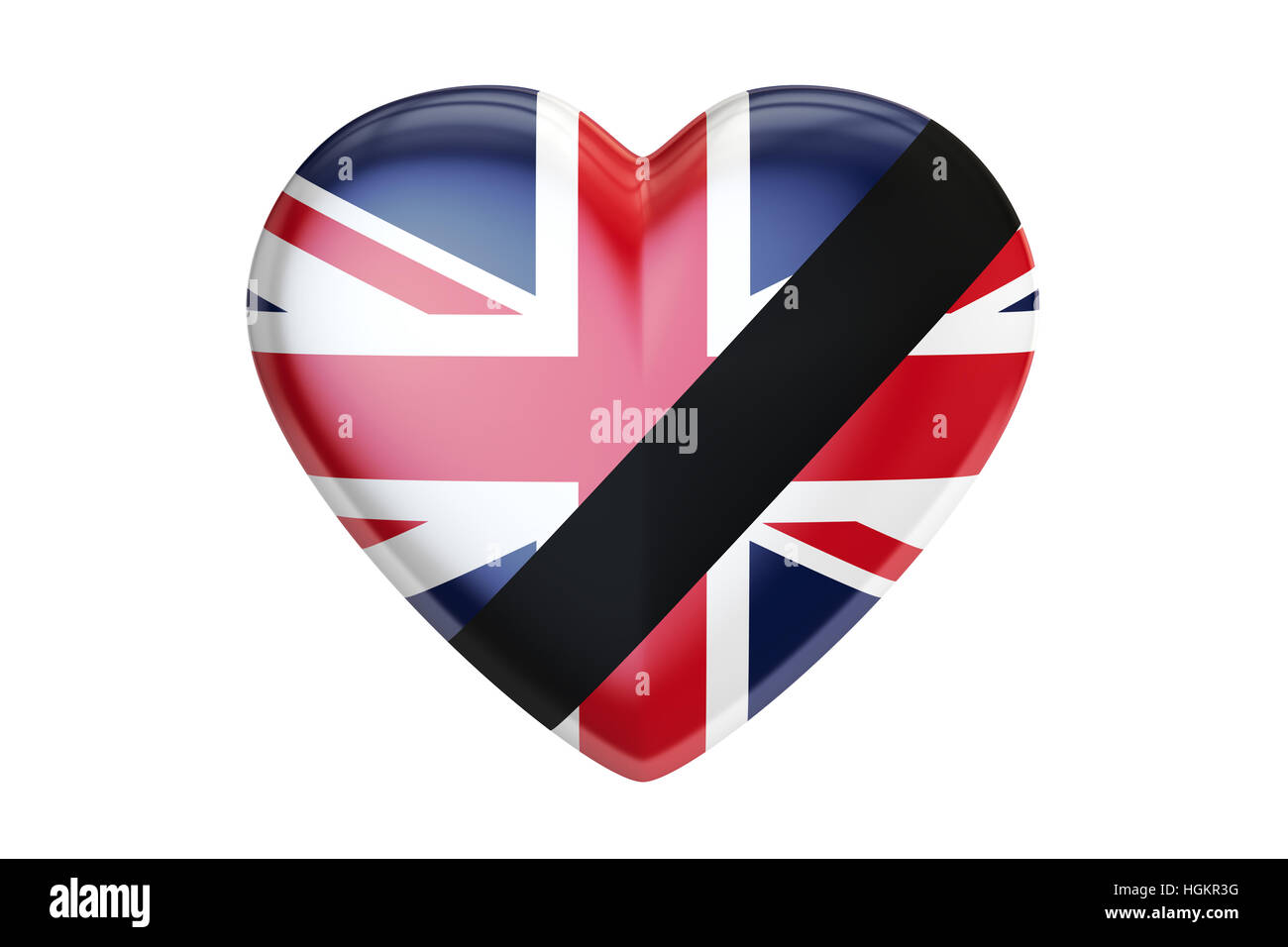 Trauer in Großbritannien Konzept, Herz mit schwarzen Band, 3D-Rendering isolierten auf weißen Hintergrund Stockfoto