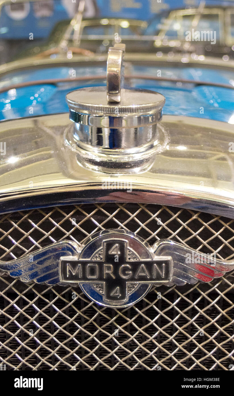 Morgan 4/4 Serie One-Motorwagen Kühlergrill & Maskottchen, UK Stockfoto