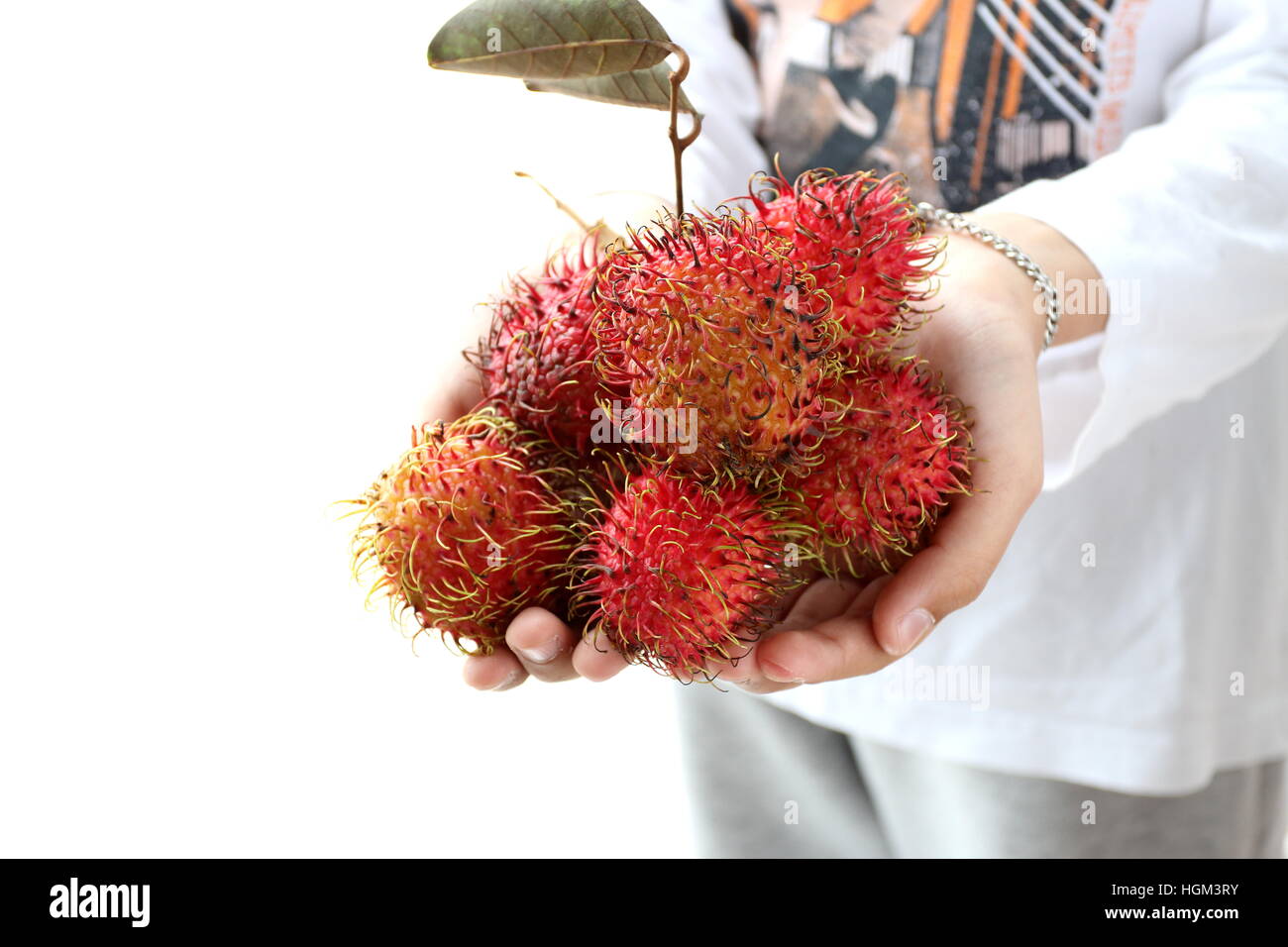Hand mit frischen Nephelium Lappaceum oder auch bekannt als Rambutan Früchte auf weißen Hintergrund isoliert Stockfoto
