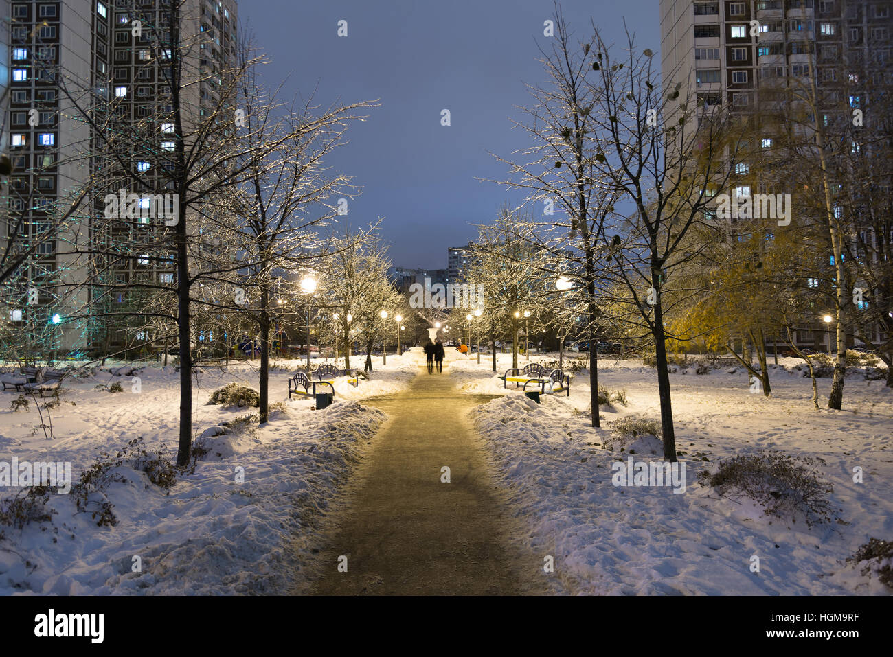 Winter Park in der Nacht in Moskau, Russland Stockfoto