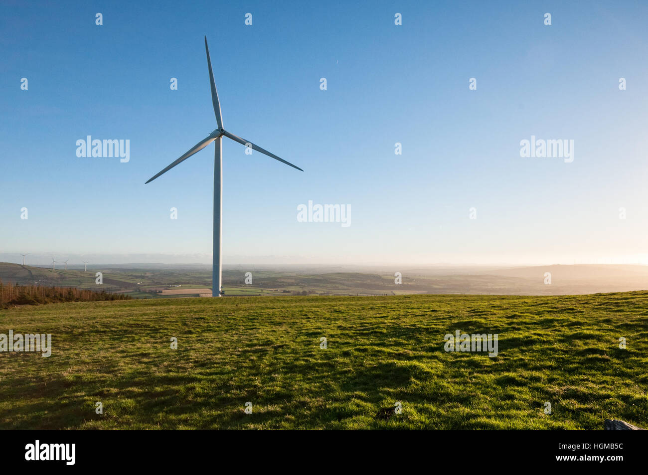 Saubere Energie - Windturbine auf üppig grüne Feld gegen einen klaren Bue-Himmel in der Nähe von Bunclody in Wexford, Irland Stockfoto