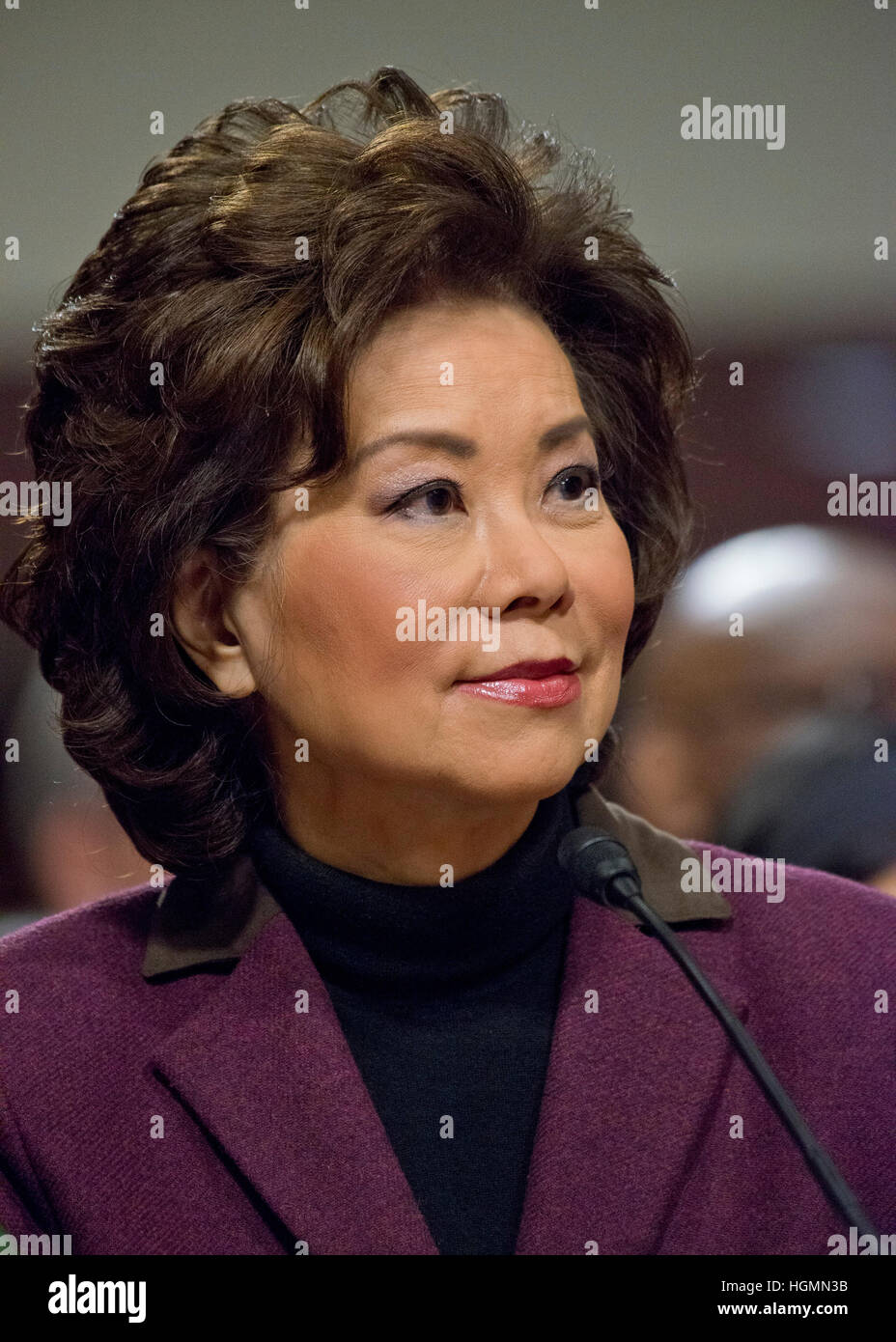 Washington, USA. 11. Januar 2017. Elaine Chao zeugt vor der United States Senate Committee on Commerce, Wissenschaft und Verkehr, wie er ihre Ernennung zum Sekretär des Department of Transportation auf dem Capitol Hill in Washington, DC auf Mittwoch, 11. Januar 2017 werden erachtet. -KEIN Draht-SERVICE - Foto: Ron Sachs/Consolidated/Dpa/Alamy Live News Stockfoto