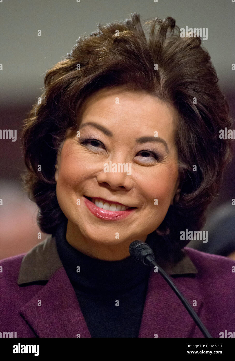 Washington, USA. 11. Januar 2017. Elaine Chao zeugt vor der United States Senate Committee on Commerce, Wissenschaft und Verkehr, wie er ihre Ernennung zum Sekretär des Department of Transportation auf dem Capitol Hill in Washington, DC auf Mittwoch, 11. Januar 2017 werden erachtet. -KEIN Draht-SERVICE - Foto: Ron Sachs/Consolidated/Dpa/Alamy Live News Stockfoto