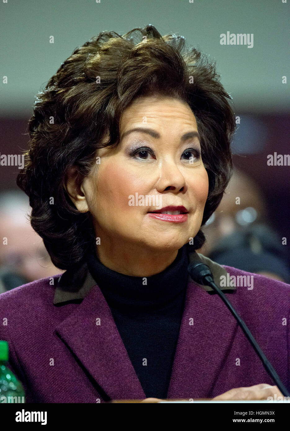 Washington, USA. 11. Januar 2017. Elaine Chao zeugt vor der United States Senate Committee on Commerce, Wissenschaft und Verkehr, wie er ihre Ernennung zum Sekretär des Department of Transportation auf dem Capitol Hill in Washington, DC auf Mittwoch, 11. Januar 2017 werden erachtet. -KEIN Draht-SERVICE - Foto: Ron Sachs/Consolidated/Dpa/Alamy Live News Stockfoto