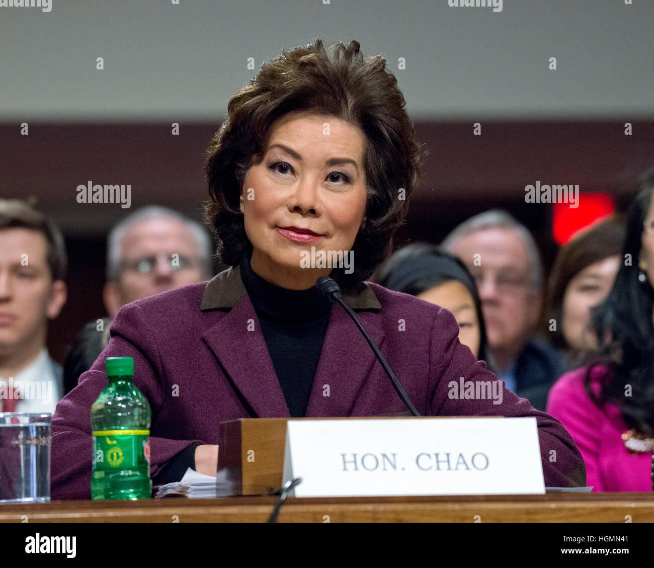 Washington, USA. 11. Januar 2017. Elaine Chao zeugt vor der United States Senate Committee on Commerce, Wissenschaft und Verkehr, wie er ihre Ernennung zum Sekretär des Department of Transportation auf dem Capitol Hill in Washington, DC auf Mittwoch, 11. Januar 2017 werden erachtet. -KEIN Draht-SERVICE - Foto: Ron Sachs/Consolidated/Dpa/Alamy Live News Stockfoto