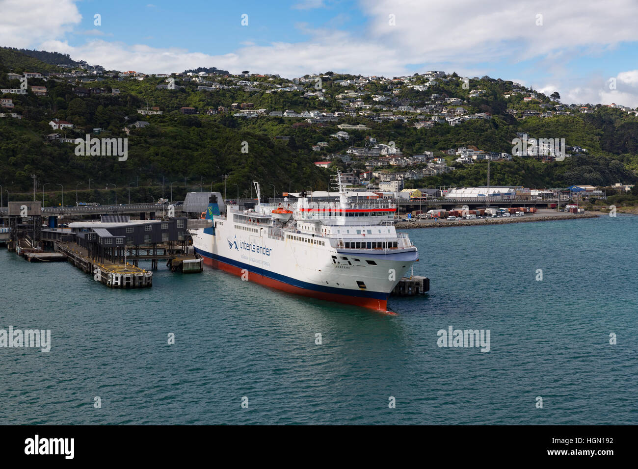 Ferry Aratere, angedockt an Wellington New Zealand Stockfoto