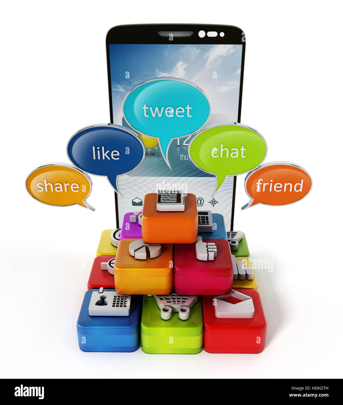 Sprechblasen und Anwendung Software Würfel auf Smartphone. 3D Illustration. Stockfoto