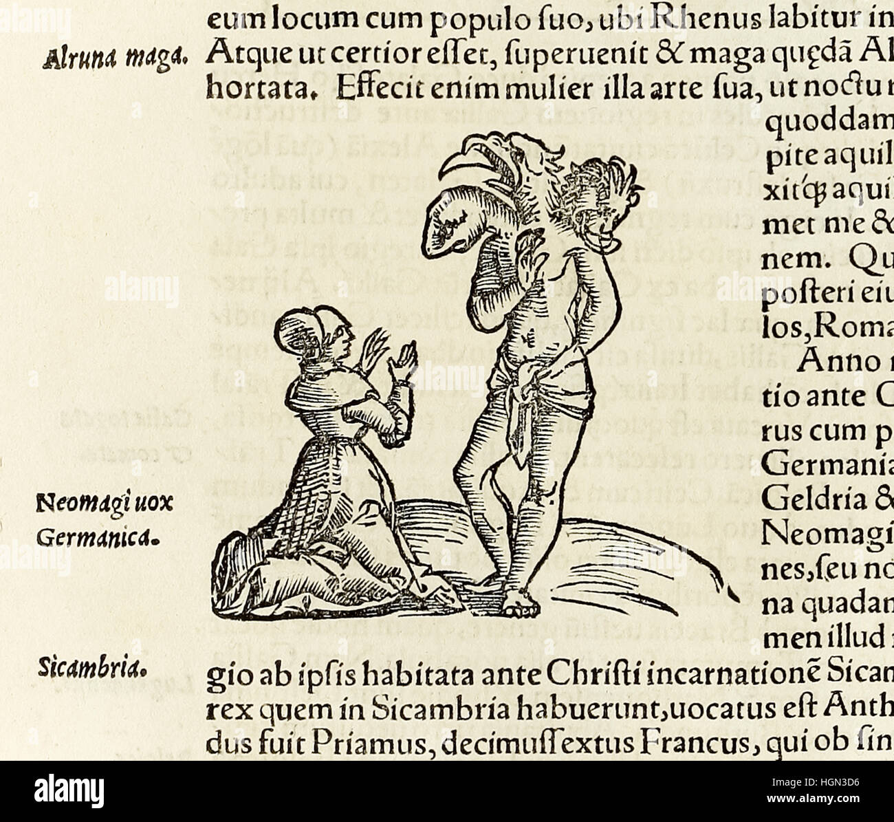 Eine Hexe beschwört einen drei Leitung Dämon, Holzschnitt von 1550-Ausgabe der "Cosmographia" von Sebastian Münster (1488-1552). Siehe Beschreibung für mehr Informationen. Stockfoto