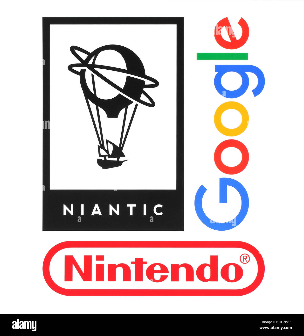 Kiew, Ukraine - 23. August 2016: Sammlung der beliebtesten Unternehmen Logos, die auf Papier gedruckt: Niantic, Nintendo und Google, die beliebte Spiel und app Stockfoto