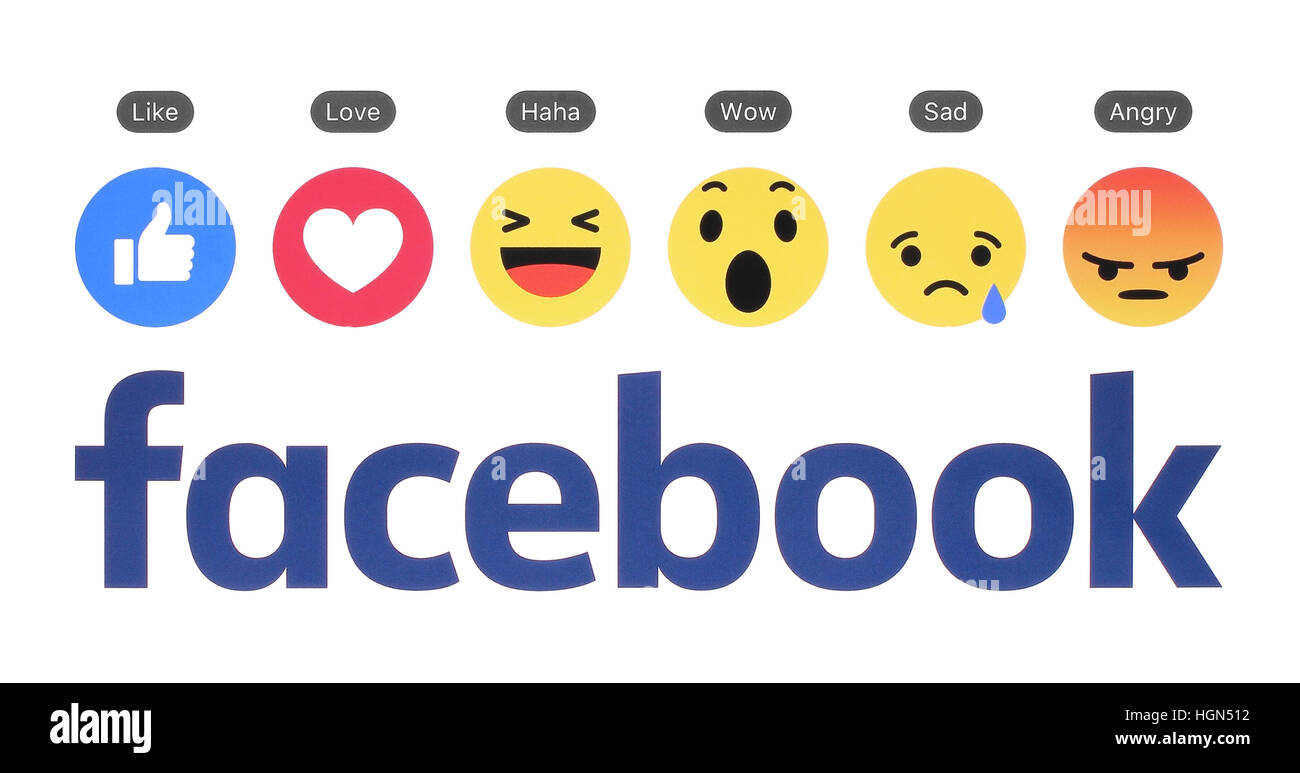Kiew, Ukraine - 23. August 2016: Neue Facebook-Logo mit wie Button und einfühlsam Emoji Reaktionen auf weißem Papier gedruckt. Facebook ist ein bekannter so Stockfoto