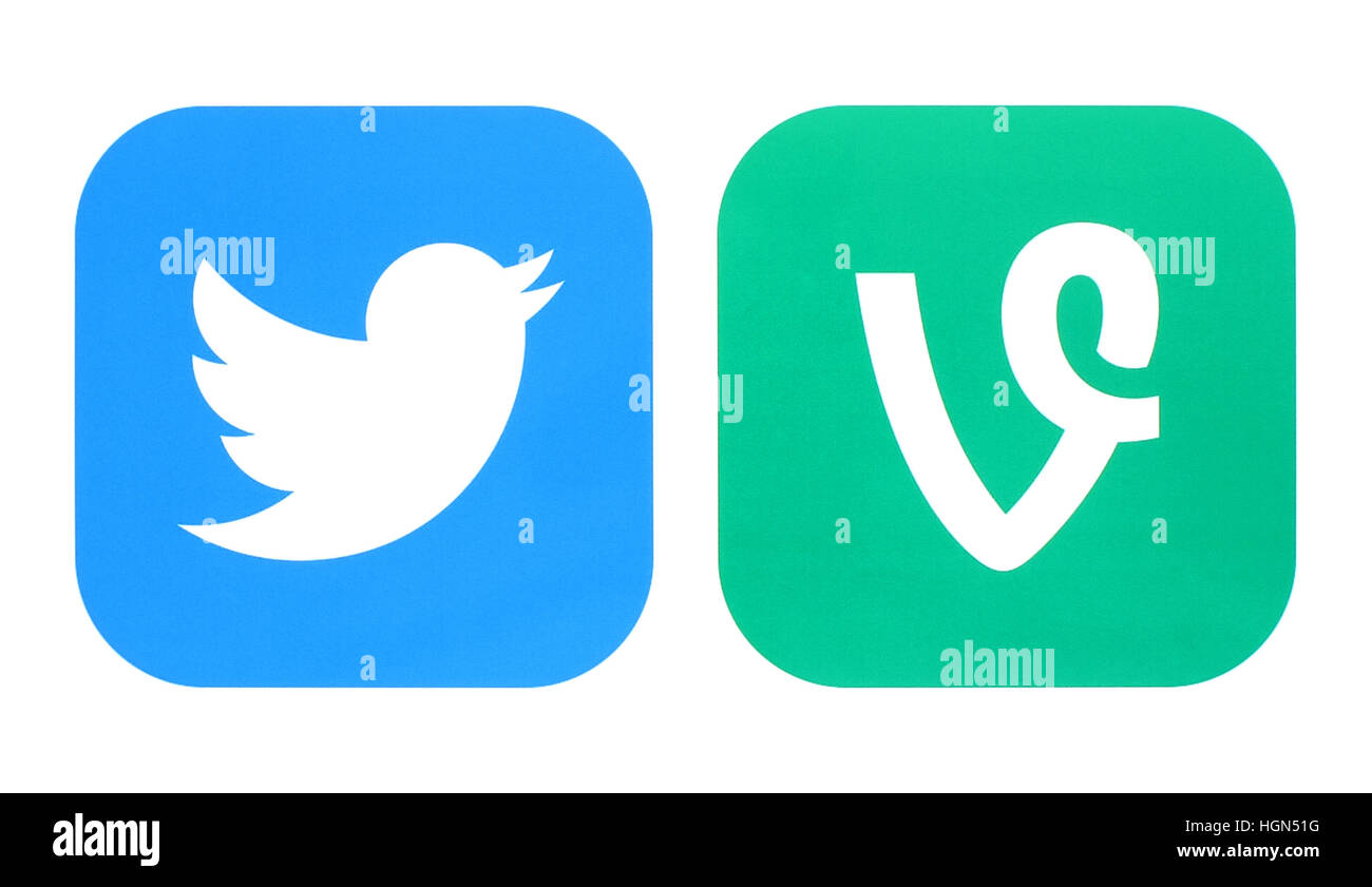 Kiew, Ukraine - 12. September 2016: Twitter-Symbol und Rebe Symbol auf weißem Papier gedruckt. Twitter erworben Rebe im Oktober 2012 Stockfoto