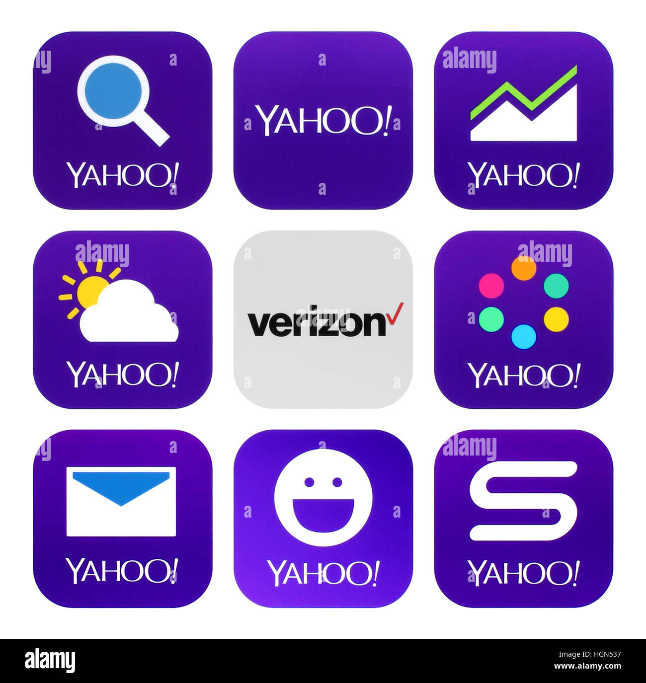Kiew, Ukraine - 18. Oktober 2016: Yahoo und Verizon Communications Symbole auf weißem Papier gedruckt Stockfoto