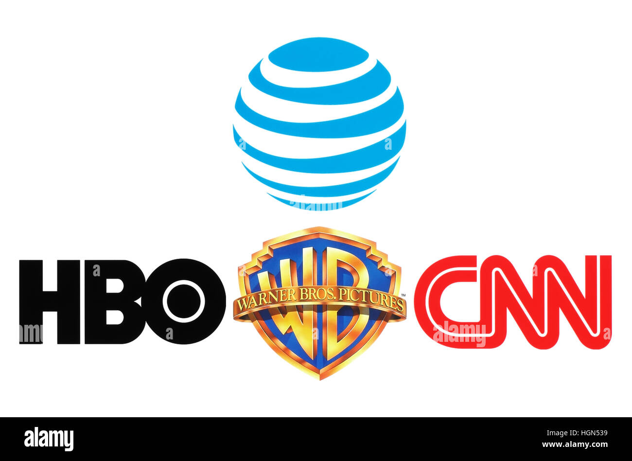 Kiew, Ukraine - 26. Oktober 2016: Sammlung von beliebten Logos von AT&T Inc., Warner Bros, HBO und CNN auf weißem Papier Stockfoto
