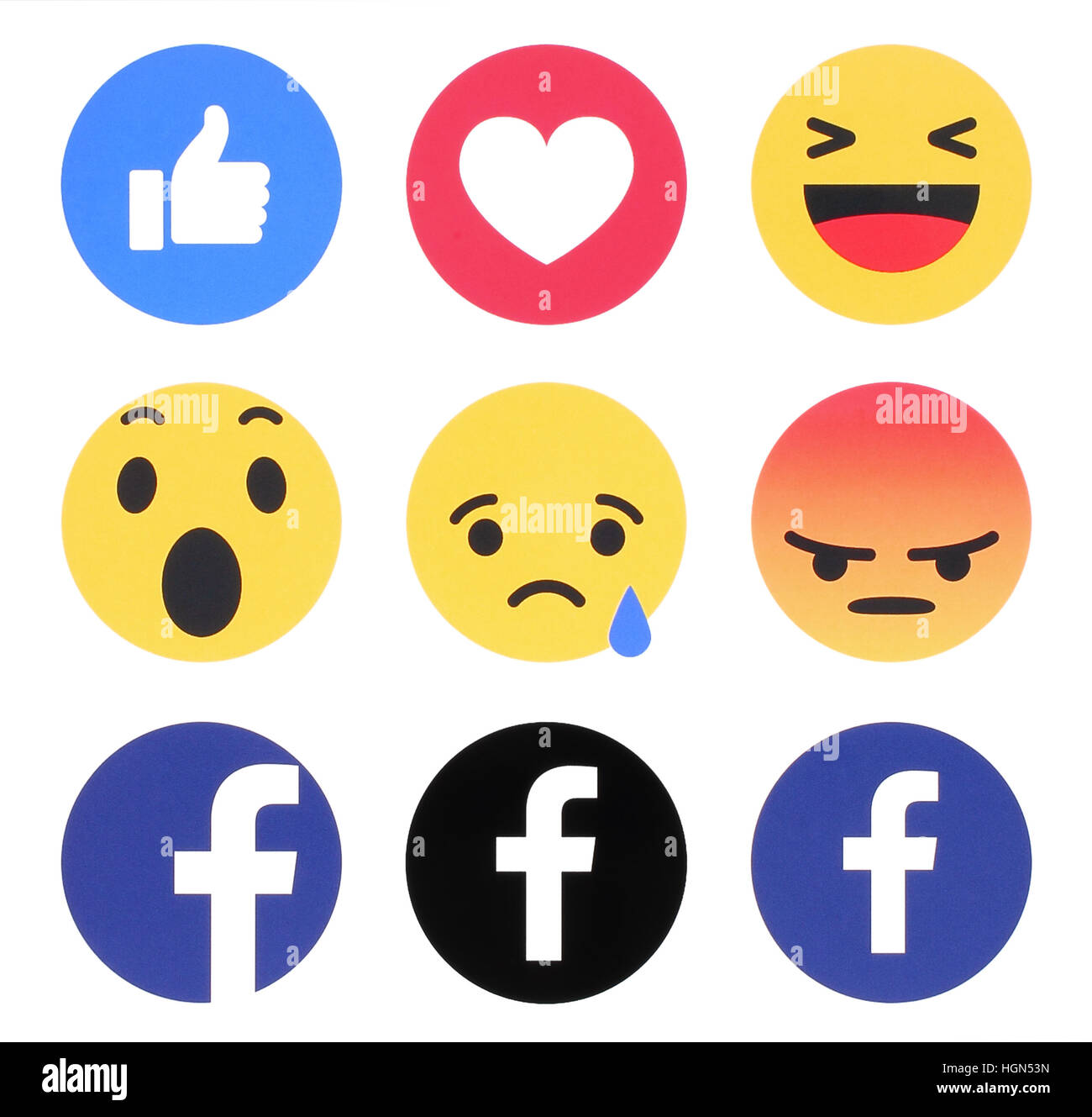 Kiew, Ukraine - 7. November 2016: Neue Facebook like-Button 6 einfühlsam Emoji Reaktionen auf weißem Papier gedruckt. Facebook ist eine bekannte soziale Verteilungsnetze Stockfoto