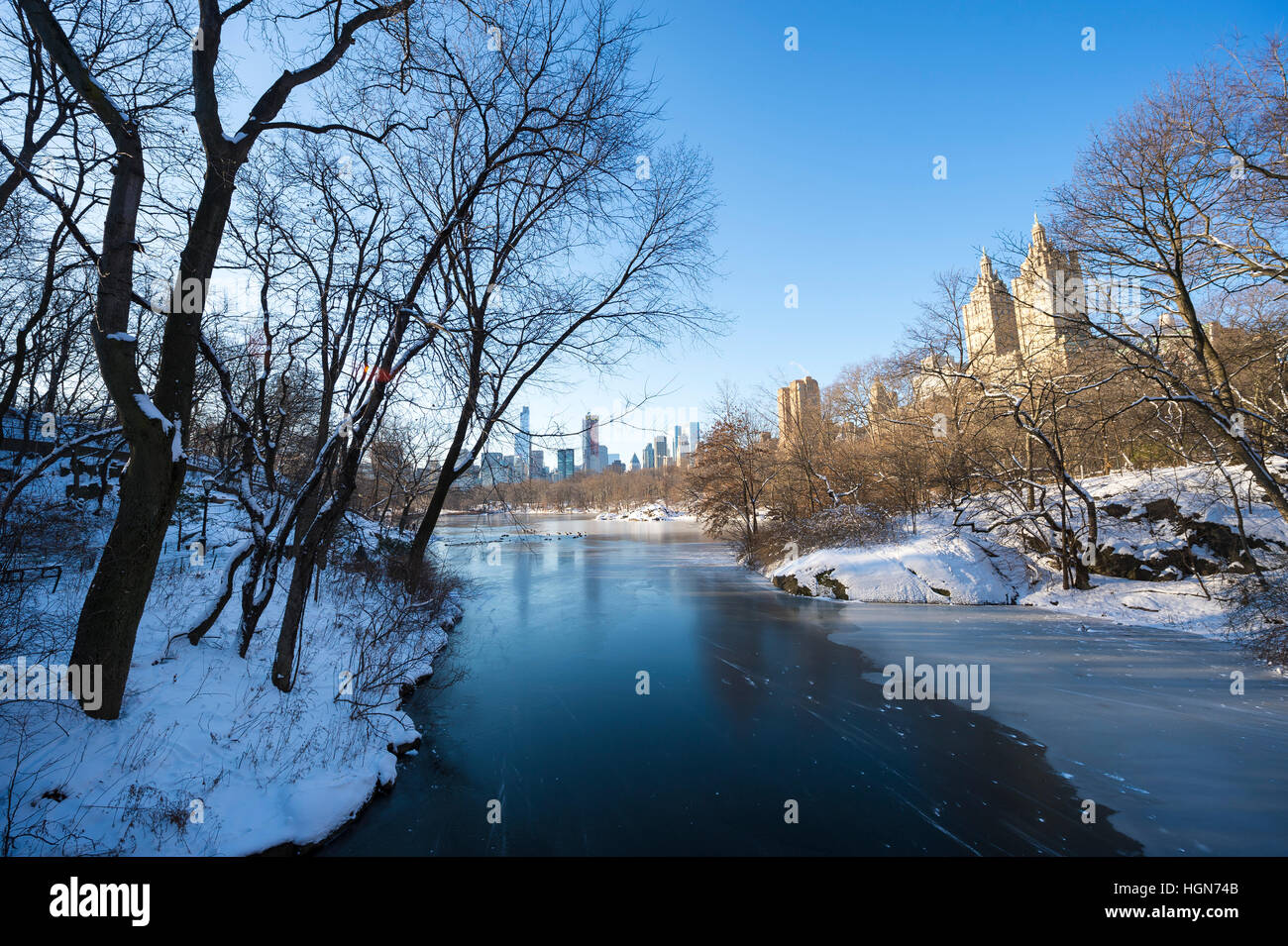 Der Teich im Central Park friert nach einem Wintersturm in New York City Stockfoto
