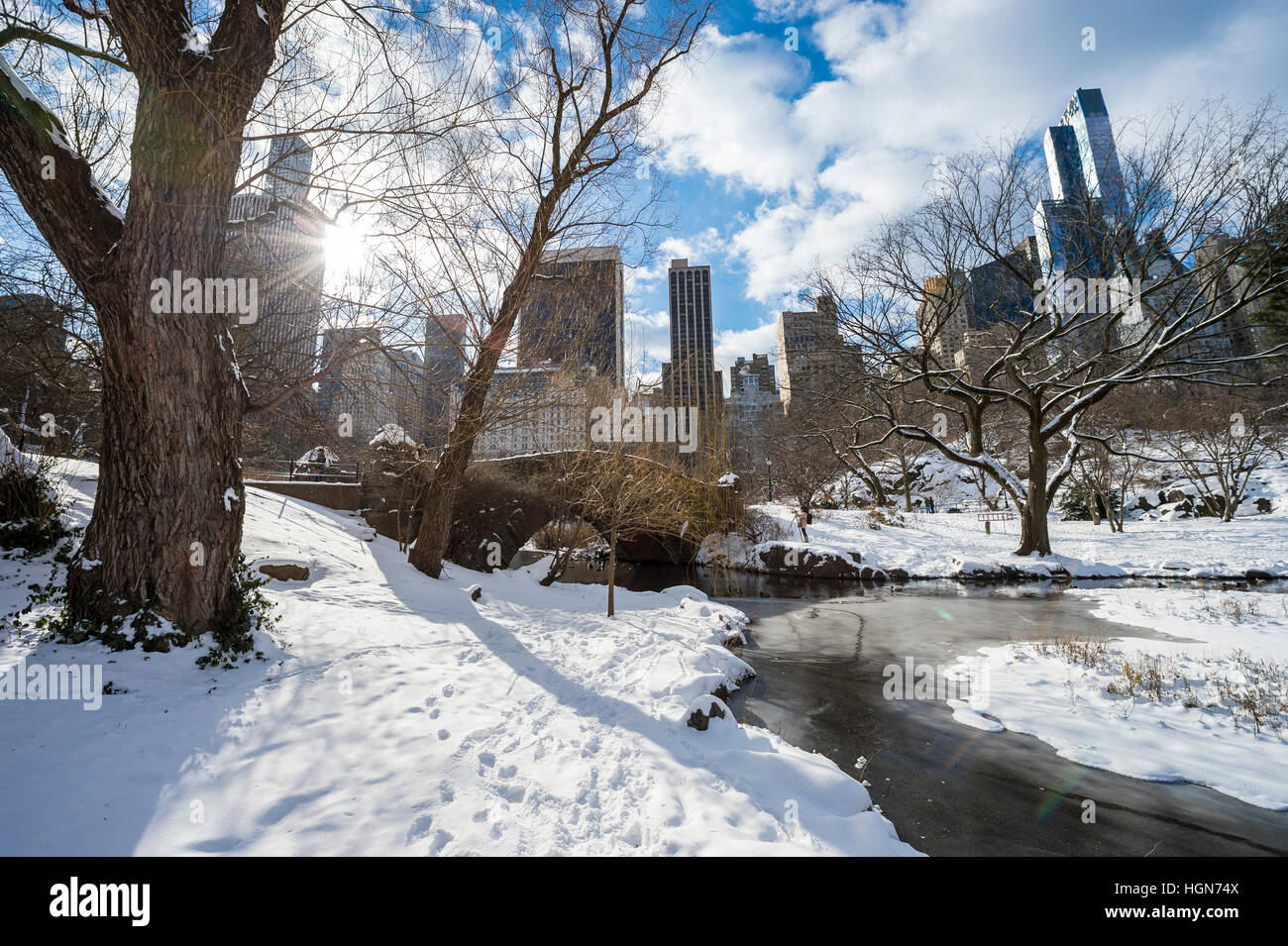 Kalter Winter-Blick auf die Skyline von Midtown Manhattan von den verschneiten Hügeln des Central Park in New York City Stockfoto