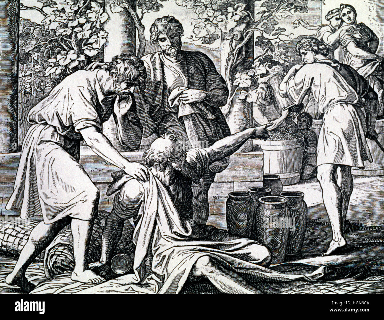 Noah verfluchte seinen Sohn Ham 'Noah erwachte aus seinem Wein und wusste, was ihm sein jüngerer Sohn angetan hatte' von Julius Schnorr von Carolsfeld starb 1872 Deutschland Stockfoto