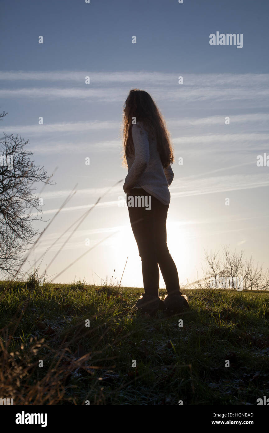 Junge Frau mit langen dunklen Haaren stehen wieder zur Kamera, Blick auf den Sonnenuntergang. Stockfoto
