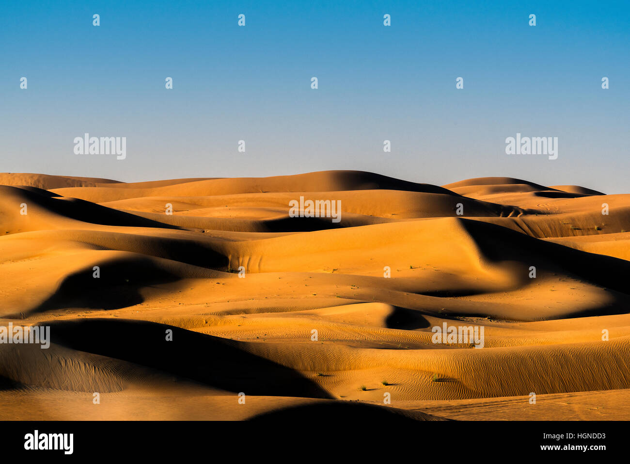 Blick auf den Sonnenuntergang der Sanddünen der Rub' al Khali Wüste, Al Ain, Vereinigte Arabische Emirate Stockfoto